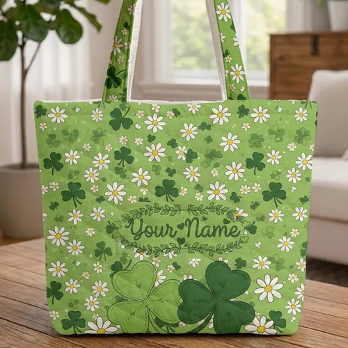 Personalized Lucky Clover Daisy Garland - Everyday Carry Gift Quilted Tote Bag