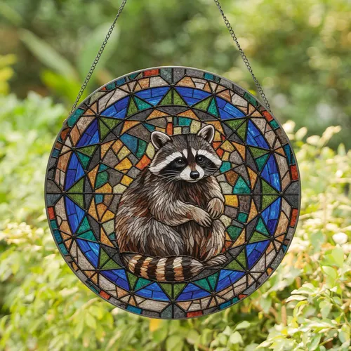Fluffy Raccoon Circular Border Geometric Mosaic - Wildlife Lover Home Decor Gift Stained Glass Suncatcher