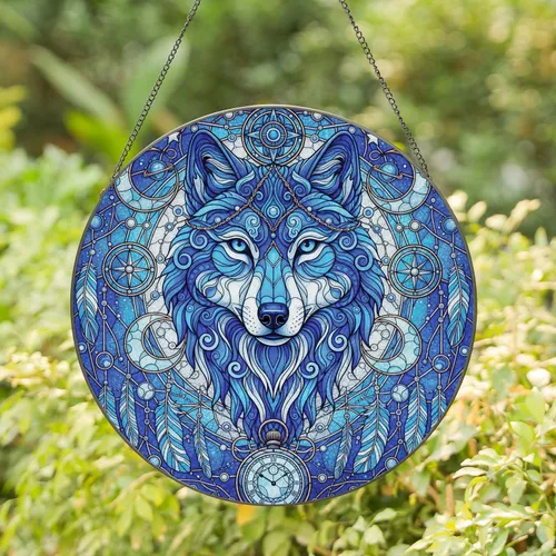 Wolf Head Celestial Moons Planets Feathers Vintage Watch - Home Decor Gift Stained Glass Suncatcher