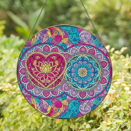 Heart Circular Mandala Lotus Sun Floral Swirling Clouds Home Decor Gift Stained Glass Suncatcher