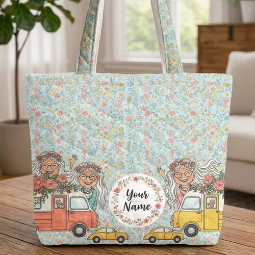 Older Women Campers Wildflowers Yellow Cars - Personalized Travel Essentials Gift Quilted Tote Bag