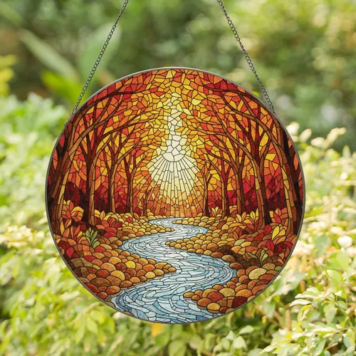 Winding River Autumn Forest Clearing, Tiffany Style Stained Glass - Nature Home Decor Gift Stained Glass Suncatcher