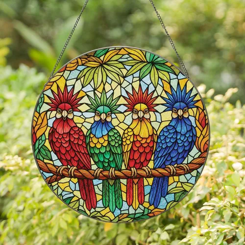 Spiky-Crested Tropical Birds Twisted Rope Branch Foliage - Home Decor Gift for Bird Lover Stained Glass Suncatcher