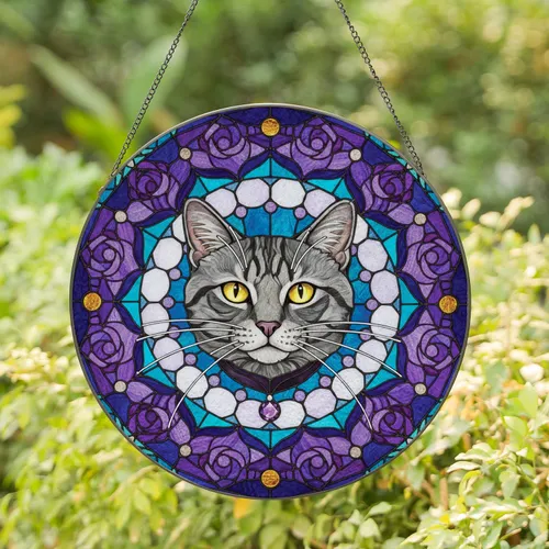 Stained Glass Grey Cat Golden Eyes Rose Floral Mosaic - Cat Lover Home Decor Gift Stained Glass Suncatcher