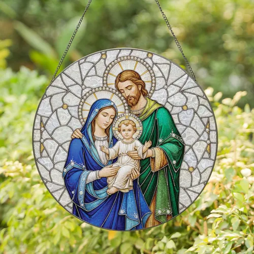 Holy Family Virgin Mary Baby Jesus Saint Joseph Stained Glass Mosaic - Religious Home Decor Gift Stained Glass Suncatcher