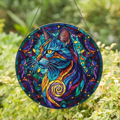 Stained Glass Cat Head Mosaic Swirl Interlocking Shapes - Home Accent Gift for Cat Lover Stained Glass Suncatcher