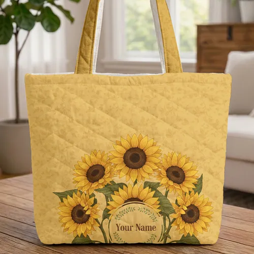 Blooming Sunflowers Golden Leaves Floral Wreath Vines - Everyday Carry Gift for Daily Essentials Quilted Tote Bag