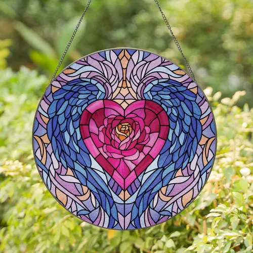 Symmetrical Translucent Stained Glass Heart Rose Wing Mosaic - Home Decor Gift Stained Glass Suncatcher