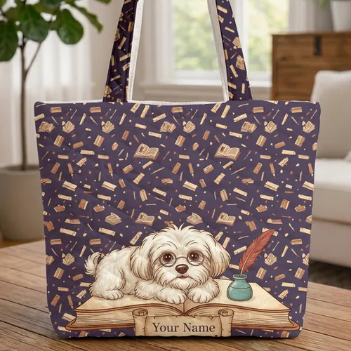 Spectacled Dog Open Book Quill Pen Literary - Everyday Carry Gift for Book Lovers Quilted Tote Bag