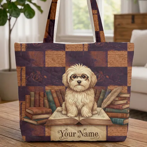 Distressed Book Pages Fluffy Dog Glasses - Everyday Carry Gift for Readers Quilted Tote Bag
