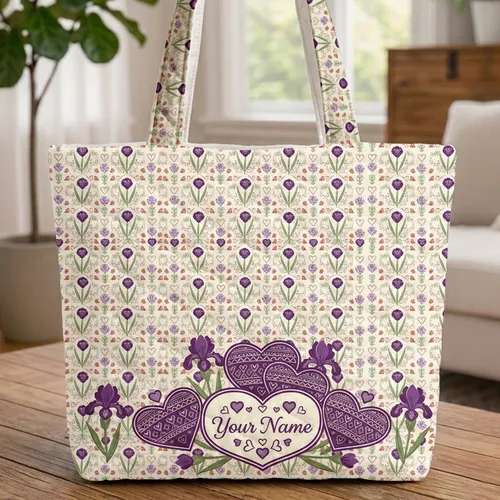 Iris Flowers Ornate Hearts Your Name - Everyday Carry Gift Quilted Tote Bag