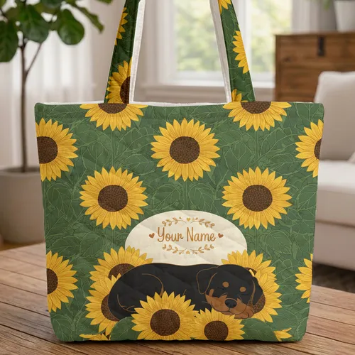 Sleeping Rottweiler Puppy Sunflowers Leaf Garland - Everyday Carry Gift for Dog Lover Quilted Tote Bag