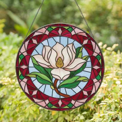 Magnolia Flower Pink White Petals Golden Stamen Green Leaves Home Decor Gift Stained Glass Suncatcher