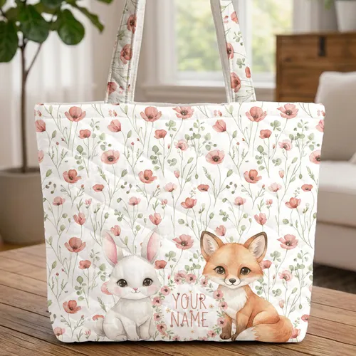 Wildflower Poppy Bunny Fox Clover Wreath Personalized Name - Wildlife Lover Gift Quilted Tote Bag