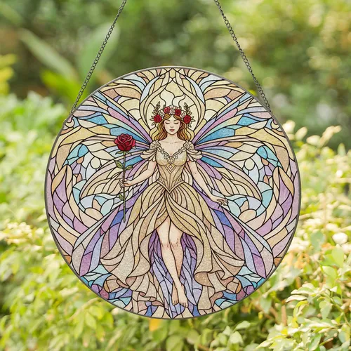 Stained Glass Fairy Iridescent Wings Red Rose - Home Decor Gift for Fairy Lover Stained Glass Suncatcher