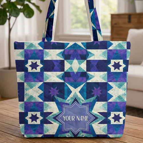 Geometric Star Triangular Shapes Angular Shapes Star Cartouche Everyday Carry Gift Quilted Tote Bag
