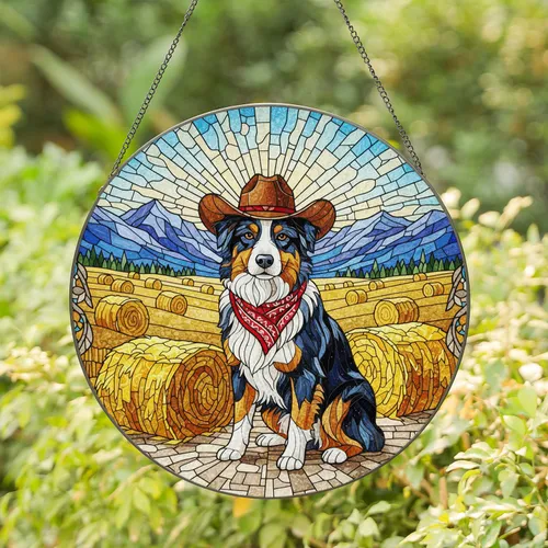 Tricolor Dog Cowboy Hat Hay Bales Mountain View - Rustic Farmhouse Home Decor Gift Stained Glass Suncatcher