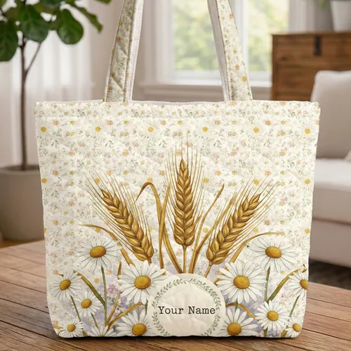 Farmhouse Golden Wheat Stalks Daisies Lavender Field Floral Wreath - Everyday Carry Gift Quilted Tote Bag