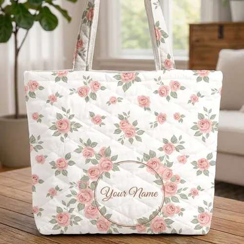 Rose Sage Leaf Floral Wreath Personalized Name Everyday Carry Gift Quilted Tote Bag