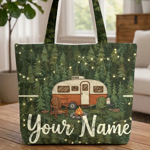 Vintage Travel Trailer Campfire Forest Scene - Travel Essentials Carry Gift Quilted Tote Bag