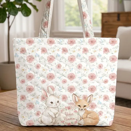 Forest Bunny Fox Wildflower Floral Wreath Name - Everyday Carry Gift for Wildlife Lover Quilted Tote Bag