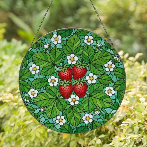 Strawberry Blossom Mosaic - Botanical Home Decor Gift for Garden Lovers Stained Glass Suncatcher