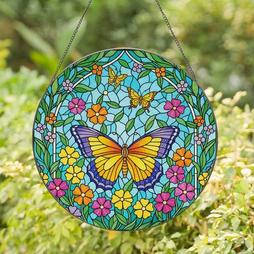 Butterfly Wildflowers Lush Foliage Arched Trellis Mosaic Sky - Home Decor Gift Stained Glass Suncatcher