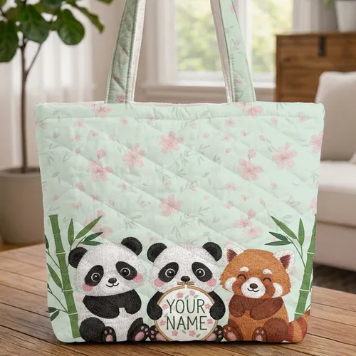 Personalized Pandas Red Panda Cherry Blossom Bamboo - Everyday Carry Gift for Panda Lover Quilted Tote Bag