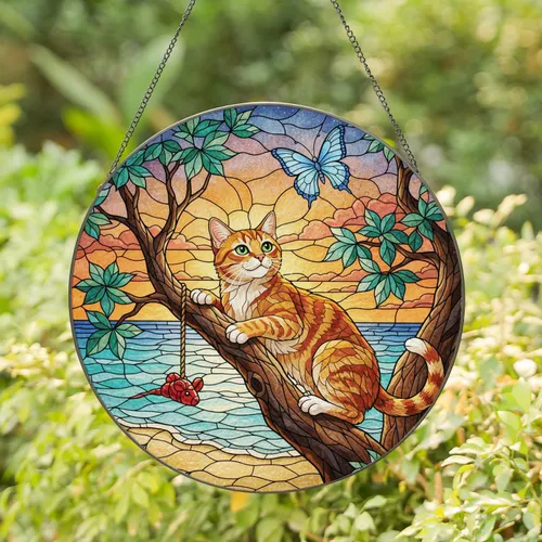 Stained Glass Ginger Cat Climbing Tree Sunset Beach - Home Decor Gift for Cat Lover Stained Glass Suncatcher