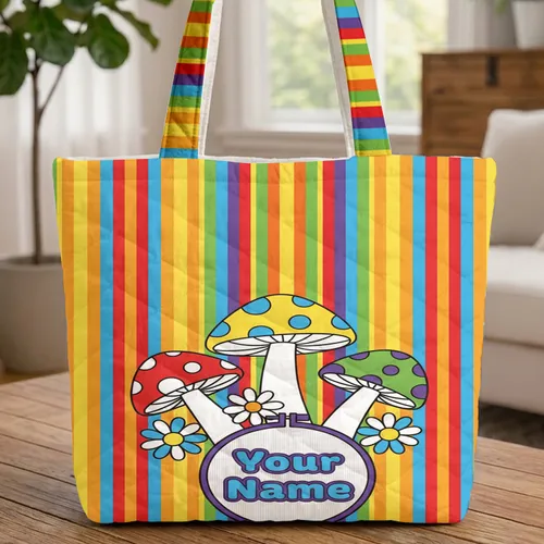 Toadstools Daisy Flowers Rainbow Stripes Embroidered Name Frame Everyday Carry Gift for Kids Quilted Tote Bag