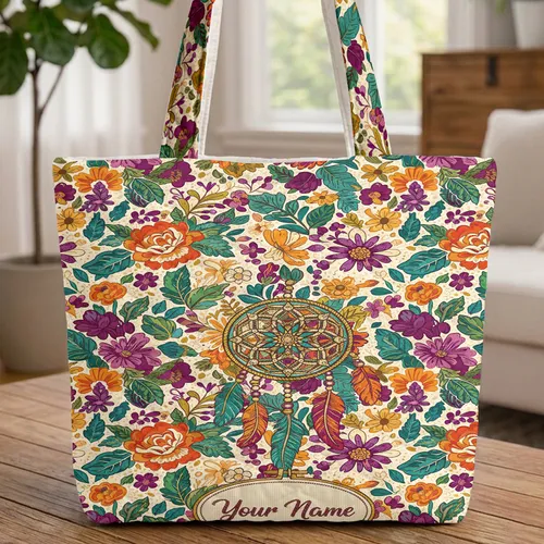 Dreamcatcher Colorful Feathers Multicolored Floral Embroidered Hoop - Everyday Carry Gift Quilted Tote Bag
