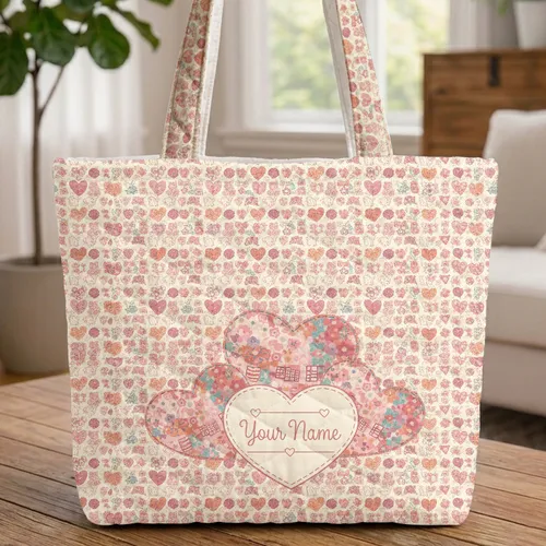 Floral Patchwork Hearts Personalized Name Everyday Carry Gift for Her Quilted Tote Bag