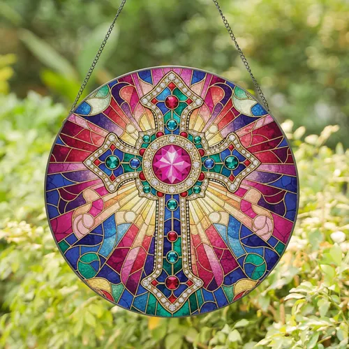 Ornate Christian Cross Jewel Mosaic Golden Filigree Tiffany - Home Decor Gift Stained Glass Suncatcher