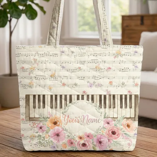 Vintage Piano Wildflowers Sheet Music – Everyday Carry Gift for Music Lovers Quilted Tote Bag