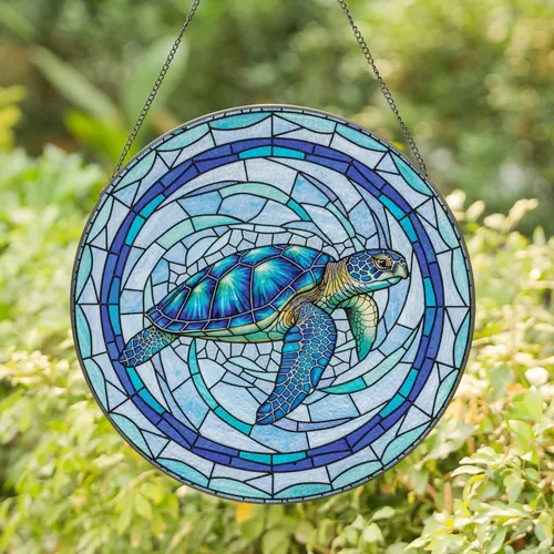 Majestic Sea Turtle Blue Teal Shell Swirling Water Mosaic Ocean Life Home Decor Gift for Marine Life Lover Stained Glass Suncatcher