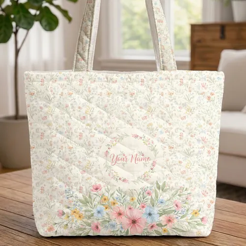 Scattered Wildflower Bouquet Name Wreath - Everyday Carry Travel Essentials Quilted Tote Bag