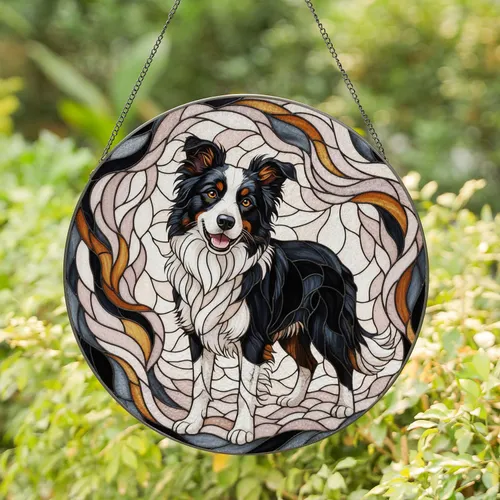 Black White Border Collie Dog Amber Eyes Smiling - Dog Lover Home Decor Gift Stained Glass Suncatcher