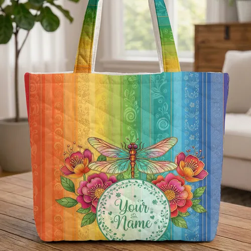 Metallic Gold Iridescent Dragonfly Ornate Flowers Floral Wreath - Everyday Gift Quilted Tote Bag