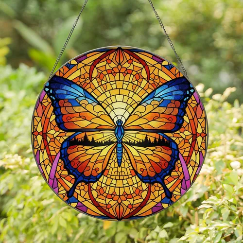 Butterfly Sunset Mosaic Landscape - Home Decor Gift for Nature Lover Stained Glass Suncatcher