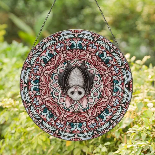 Stained Glass Bat Mandala Floral Quatrefoil - Home Decor Wildlife Lover Gift Stained Glass Suncatcher