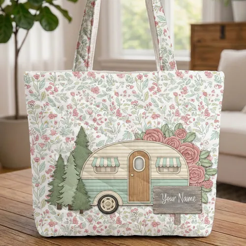Classic Camper Pine Trees Wildflower Roses Leaves Wooden Sign Travel Essentials Quilted Tote Bag