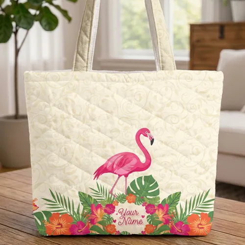 Pink Flamingo Tropical Leaves Hibiscus - Travel Essentials Gift for Tropical Vacationer Quilted Tote Bag