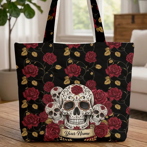 Ornate Sugar Skull Crimson Roses Gold Leaves Black Vines - Everyday Carry Gift Quilted Tote Bag