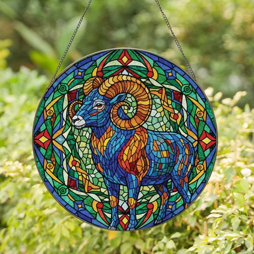 Majestic Mosaic Goat Curved Horns with Swirling Lines - Home Decor Gift for Wildlife Lover Stained Glass Suncatcher