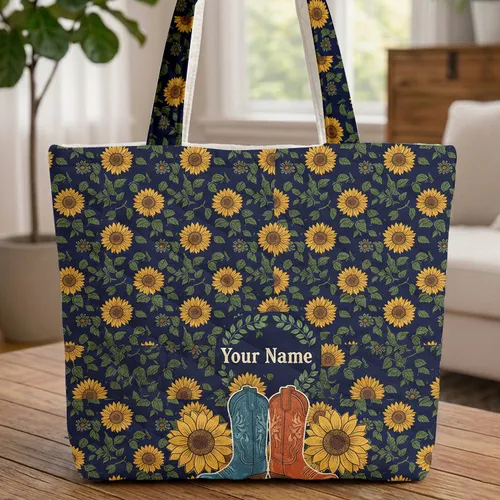 Sunflowers Cowboy Boots Floral Wreath Everyday Carry Gift Quilted Tote Bag