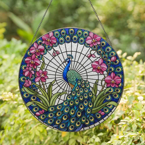 Jewel Tone Fanned Tail Peacock Orchid Tiffany Glass Mosaic - Home Decor Gift for Bird Lover Stained Glass Suncatcher