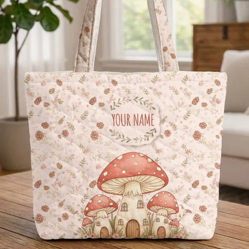 Storybook Mushroom Houses Pinecone Fern Floral Personalized Everyday Carry Gift Quilted Tote Bag