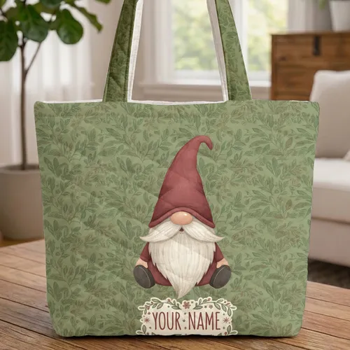 Gnome Cranberry Hat Organic Leaves Swirls Leaf Garland - Everyday Carry Travel Gift Quilted Tote Bag