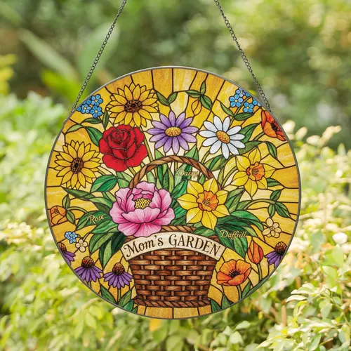 Mom's Garden Custom Name Flowers Basket Floral - Mother's Day Home Decor Gift for Mom Stained Glass Suncatcher