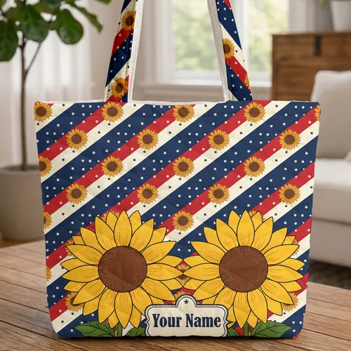 Star Cartouche Sunflowers Stripes Stars Western - Everyday Carry Gift Quilted Tote Bag